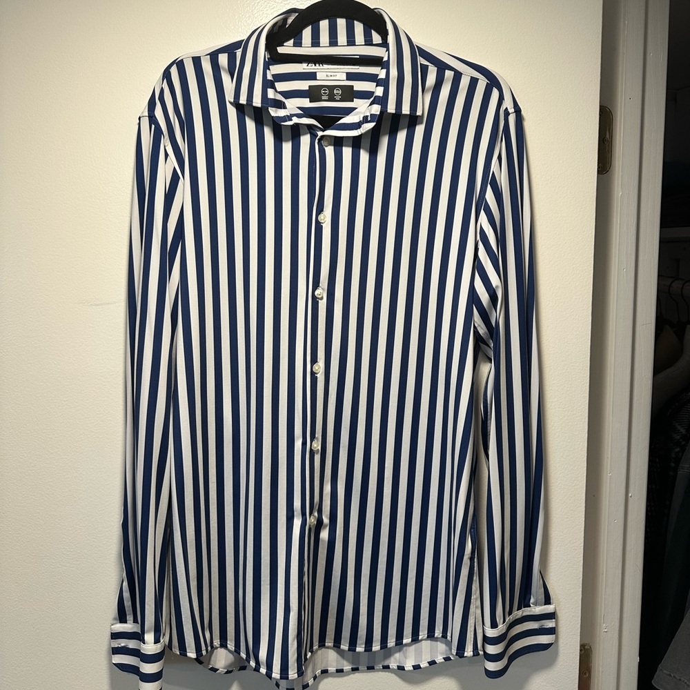 Men’s navy striped button down